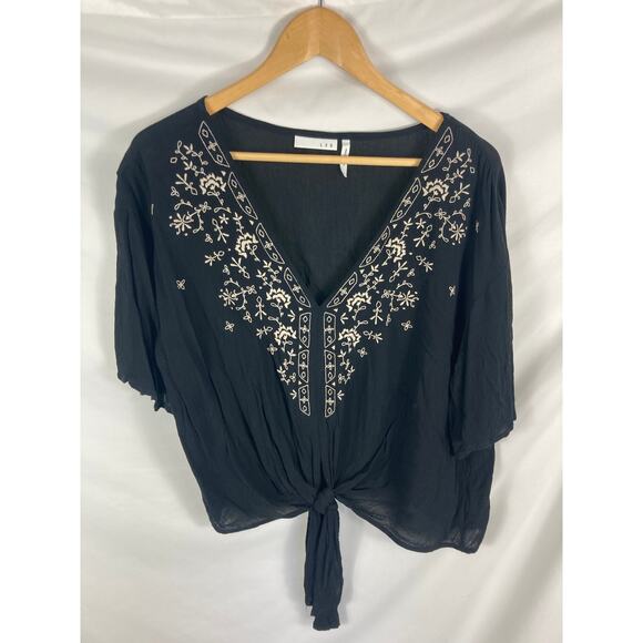 LUQ Embroidered Boho Tie Bottom Blouse Size Large - Picture 1 of 3
